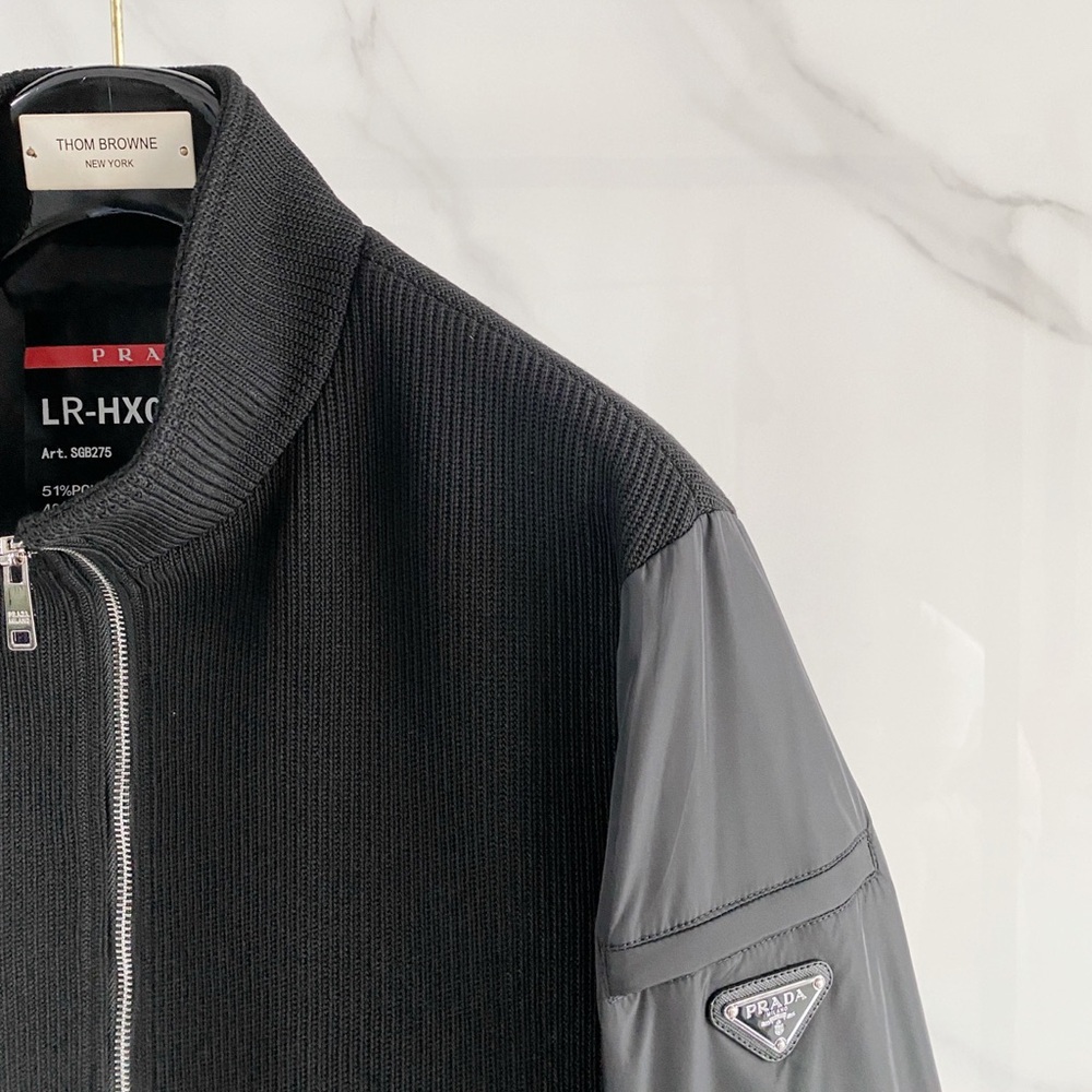 Prada Black Mixed-Media Varsity Bomber Jacket - Picture 5 of 9